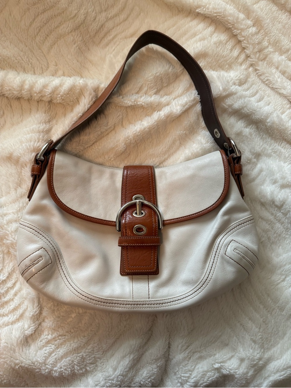 Coach White Leather Shoulder Bag with Brown Trim and Buckle